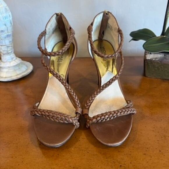Michael Kors Brown Braided Leather Strappy Heels Sandals Size 10M - Picture 1 of 6